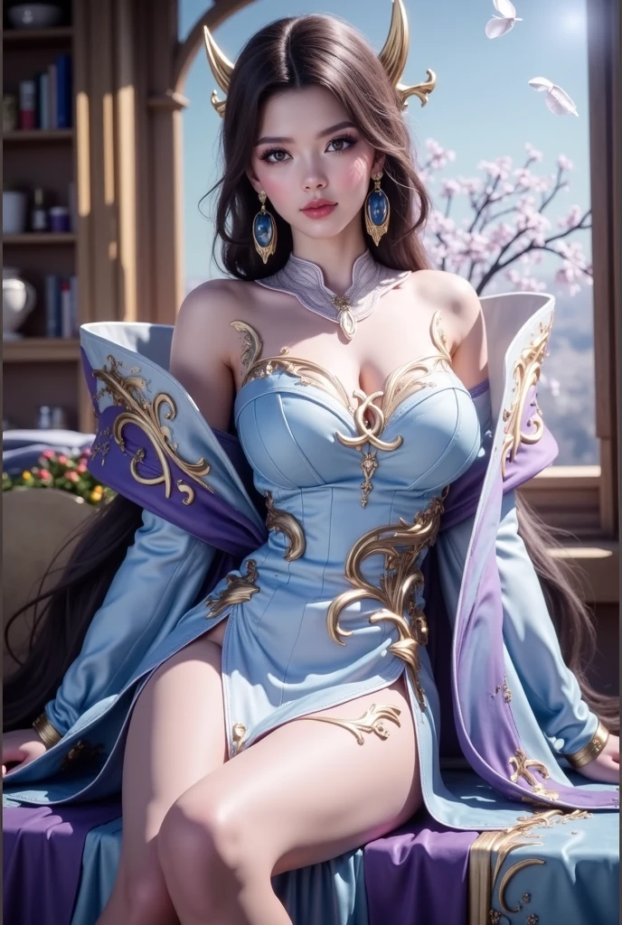 (8k, RAW photo, best quality, masterpiece:1.2),(realistic, photo-realistic:1.37),photo mapping,professional lighting,radiosity,1girl,solo,long_hair,(bracelet:1.1),(long legs:1.2),(earrings:1.1),physically-based rendering,proscenium,performance,be seated,Chinese dress,dark blue and gold dress,shinny dress,Correct hands,hands on legs,Close-up of the hand