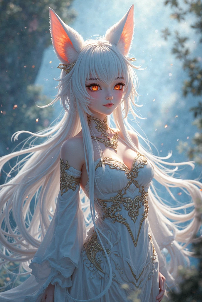 (tmasterpiece),(HighestQuali),(Super refined),(illustratio),(Extremely refined and beautiful),(dynamic angle),White and red are the main colors,high light,Nine-tailed demon fox,(Complicated details)(Beautiful and delicate eyes),delicated face,blue colored eyes,half-body photo,(Feminine),(Fairy style),Fairy fluttering white hair and clothes,Delicate fox ears,Delicate legs and hips,Tulle skirt,(complexdetails),extremely detailed CG unity 8k wal,(realisticlying,photograph realistic:1.3),(sketching:0.8) ,dynamic angle