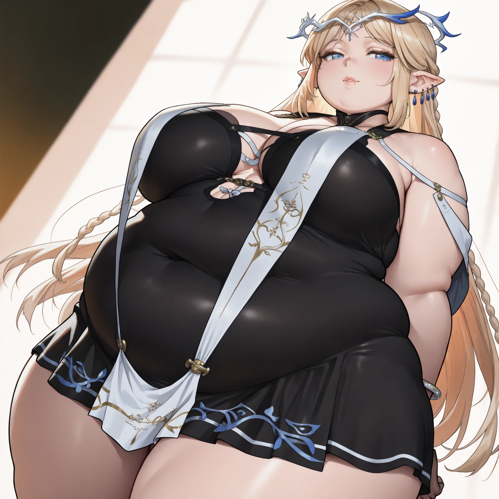 Blonde hair, blue eyes, pelvic curtain, sexy outfit, open stomach, adventurous outfit, masterpiece, thick thighs, big breasts, :D, big belly, small crown, best quality, massive breasts, chubby, breast curtains