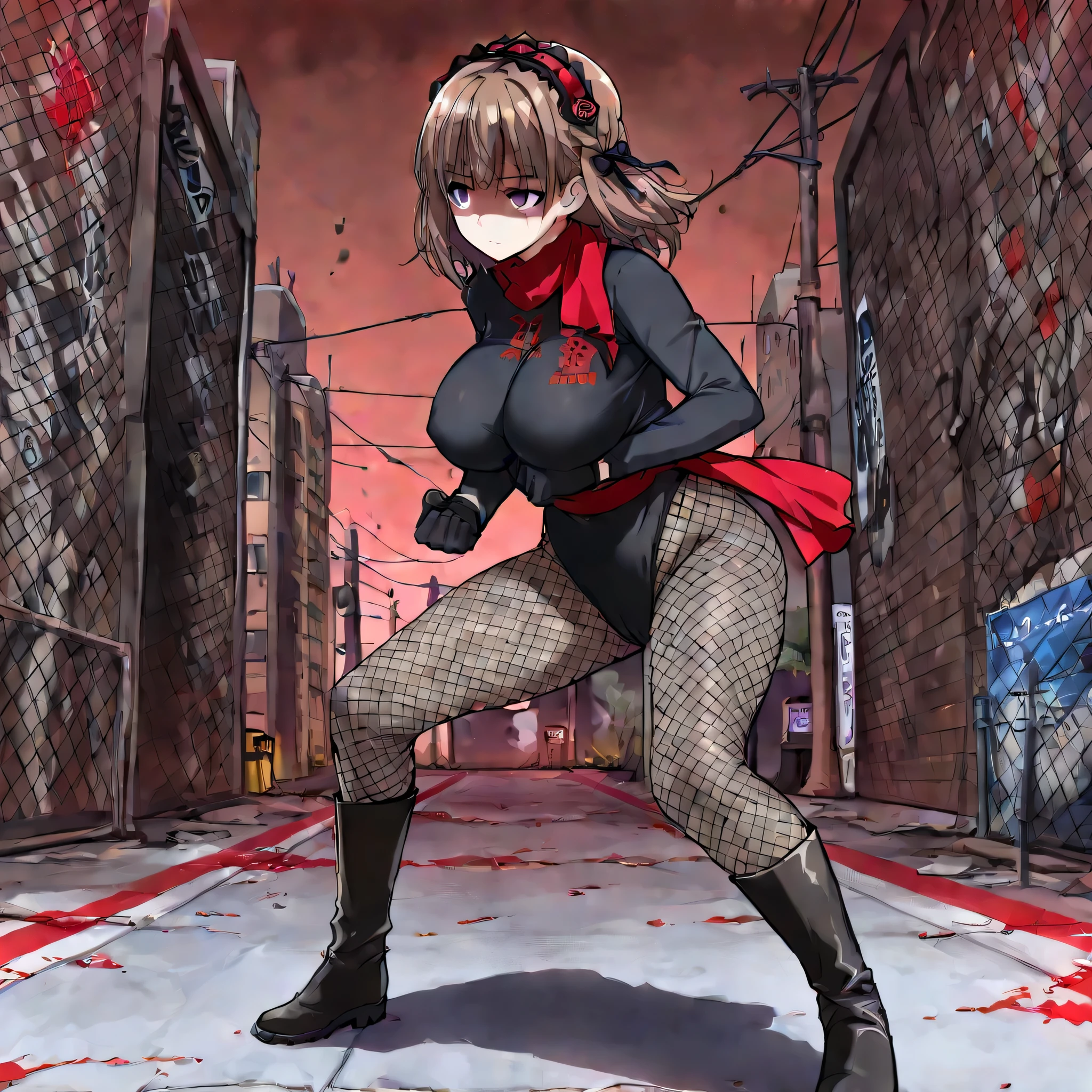 (((Masterpiece))), (((Best Quality))), ((Super Detail)), ultra-High resolution, score_9,score_8_up,score_7_up,score_6_up,score_5_up,score_4_up, BREAK, source_anime, anime screencap, uncensored, rating_explicit, Masterpiece, curvy, dark persona, empty eyes, expressionless, blank eyes, looking away, full body, emotionless, Fighting Stance, (((female combatmen, colored skin, makeup, shaded face, red shaded face, red make up))), pantyhose, black pantyhose, fishnets, fishnet pantyhose, leotard, black leotard, gloves, black gloves, long sleeves, scarf, red scarf, sash, red sash, black boots, (((solo, 1girl))), submissive pose, seductive pose, kosaki sakurama purple eyes, medium hair, brown hair, bangs, braid, hair ribbon, large breasts, huge breast, apocalyptic background, city background, standing still, looking from side, view from side, from side, standing at attention