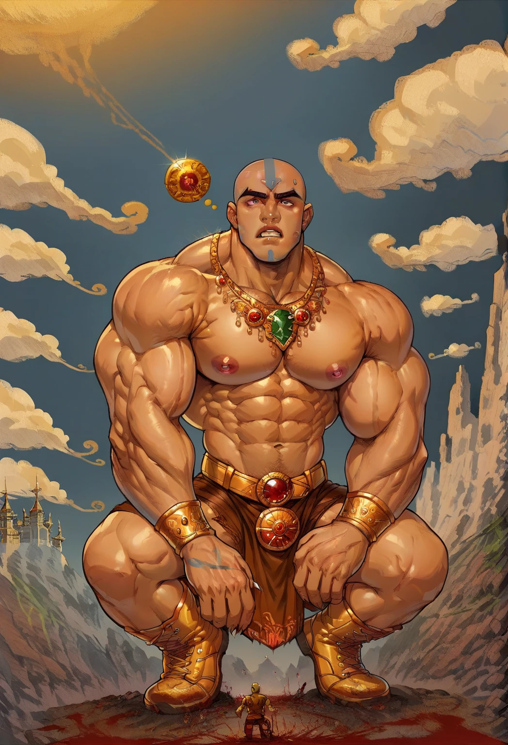 ((Confident pose:1.5)), a painting of a (((muscular))) man with water Aura, large body of water surrounds man, The God Poseidon, ((thick muscular thighs)), The God of the Sea, brown loincloth, golden horns on head, Poseidon, ((colored lavender skin)), colored skin, ((lavender skin:1.5)),((light lavender face)), ((light lavender legs)), ((light lavender arms)), ((lavender feet)), God of the Ocean, God Shiva the Destroyer, Like an Atlantean, ((no hair)), veiny biceps, chiseled abs, muscular legs, rugged face, bald head, masterpiece, 8k