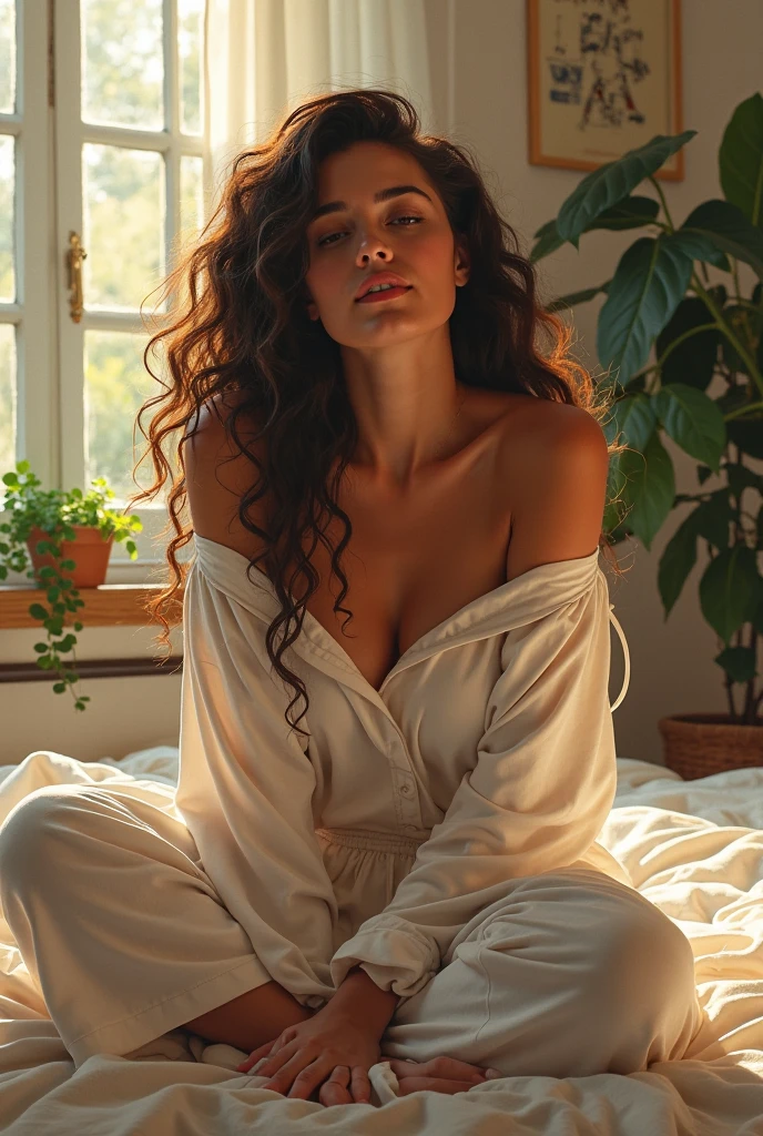 (photorealism:1.2), beautiful woman, sitting on bed, wearing loose off-shoulder top, pajama pants, long curly hair, indoors, soft lighting, plants in background, window with sunlight, cozy room, relaxed pose, realistic, intricate details, warm colors, by Greg Rutkowski, by Alphonse Mucha