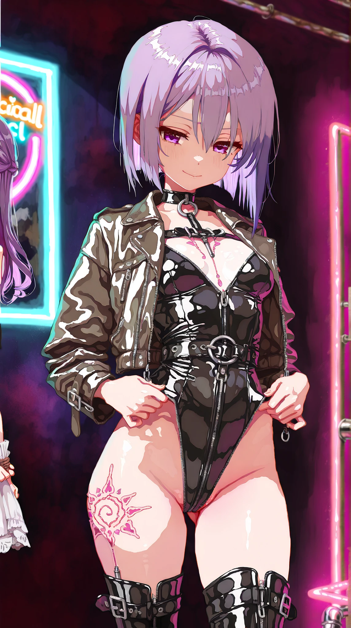 NSFW,masterpiece,Highest quality,High resolution,Very detailed,Young face girl,Short height,Leather Suit,Sleeveless,hair ornaments,Earrings,gem,Decoration,Nightlife,Brothel,bedroom,cyber punk,(Ecstasy face),Lustful face,Embarrassed,blush,Drooling,Erect nipples,(Sex slave),A flattering face,(prostitution),(Prostitute),(Have sex),(Middle-aged men),insert,Leg spread