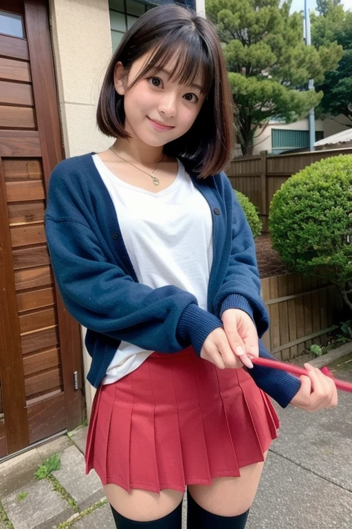 Japanese female, a lot of details, (underweight), 30 years old, detailed black hair, beautiful detailed hair, super fucking beautiful, delicate beautiful face, complex details beautiful and delicate eyes, perfect hands, (flat chest best quality:1.5), perfect and delicate limbs, detailed skin, best quality, ultra-detailed,(cheerful grin:1.5),
house, waving at the camera, looking at viewer, medium hair, (white blouse), (red cardigan), (green skirt), japanese, outside, (full body shot:1.2), front view, ground-level shot