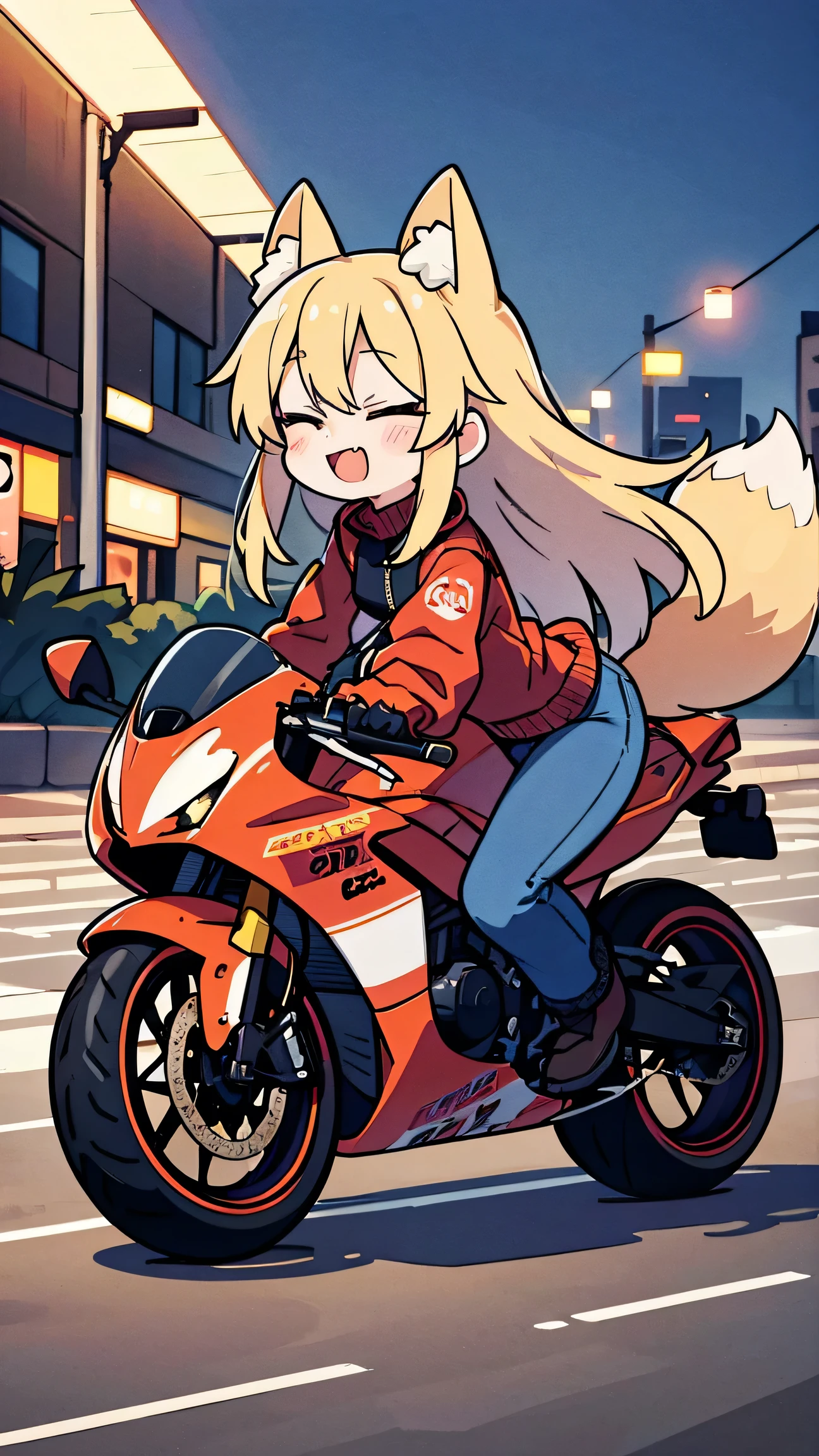anime style、 cute face、 woman、 fox ears、Gold Hair、tail、 I'm closing my eyes、 long hair per person、 red jacket 、jeans、smile、riding a motorcycle、While driving on a motorcycle、Woman riding a 、Lean forward on a motorcycle、Sprint、circuit、running at speed、Running with the car body tilted、 on the road 、Knee scrapes、motorcycle racer、profile、 double teeth