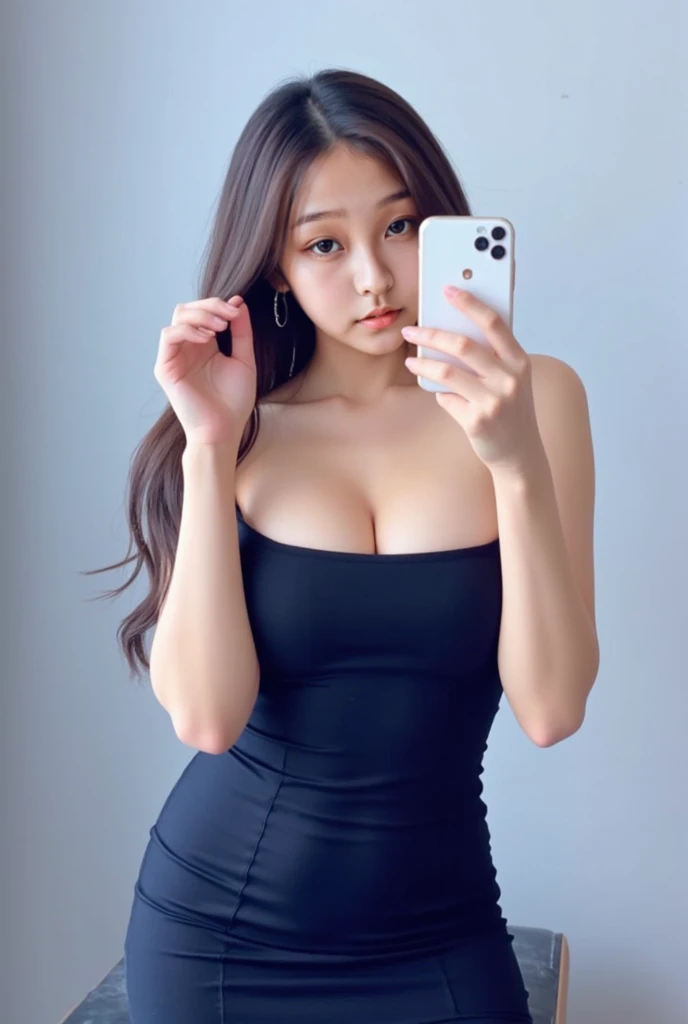 A woman taking a photo in front of the mirror, corpo sexy, She is looking forward , is wearing a mini skirt. thick thighs and big breasts