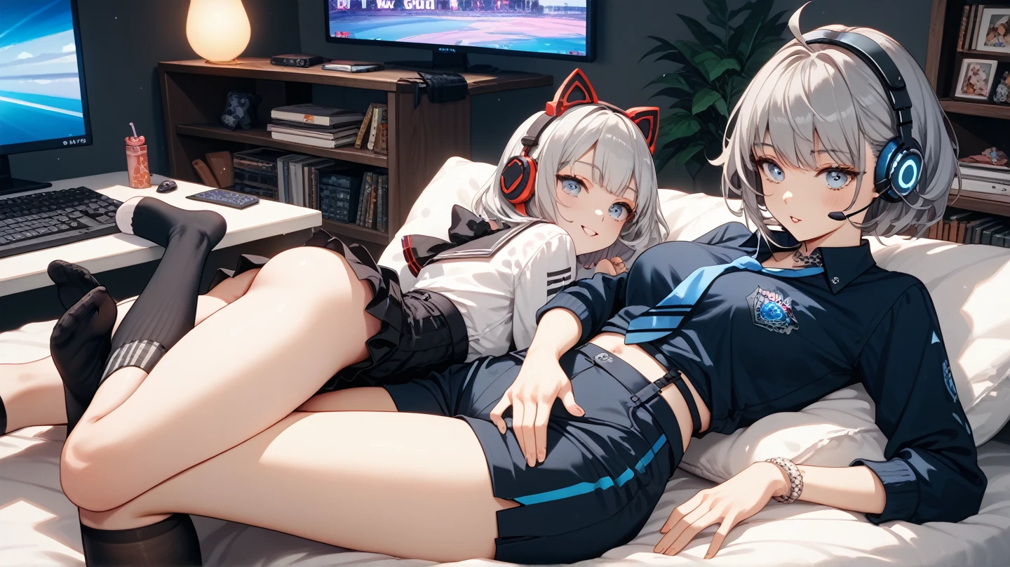 ((Best Quality)), ((Masterpiece)), (Detailed), Perfect Face, Very Detailed, Masterpiece, Best Quality, Official Art, Extremely Detailed CG Unified 8k Wallpaper, Dynamic Eyes, Full Body Portrait
(((((a boy and a girl))))), the boy is sitting between the girl’s legs, on the sofa, (((boy lies in the girl’s arms))), ((((girl’s hand is in boy’s short pants)))), ((((girl is helping the boy doing handjob)))), ((((girl’s hands on boy’s crotch))))
boy wears short pants
girls wears trendy style, (thin legs), ((long silver-gray hair)), ((shoulder-length hair)), a futuristic blue halo on her head, future-styked clothing, with a mechanical feel, ((dark blue skirt with bright blue stripe)), ((black jacket with blue stripes)), (JK short skirt), ((cat ear headphones on the head)), ((watery eyes))