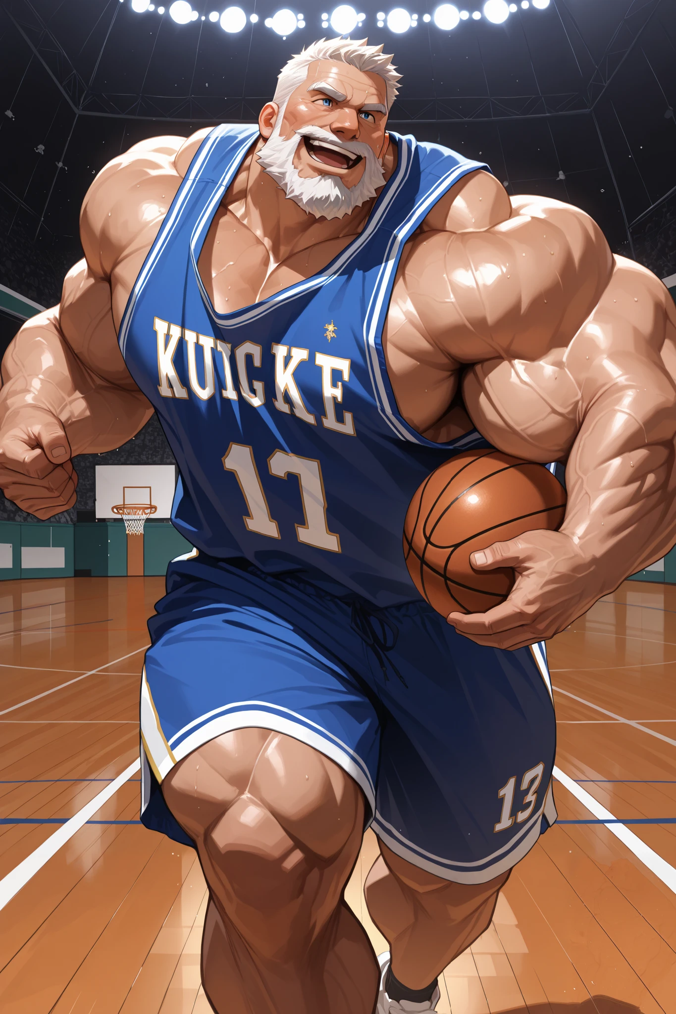 solo, huge muscular old man, happy, side chest, Stand slightly sideways, side angel, shirtless, very huge pectoral, shorts, basketball, running, playing basketball, dribble ball, jersey, basketball fields, playing basketball, detailed face:1.3, eyes, wide shoulder, thick arms, wide pectoral, muscle, short hair:1.2, masterpiece, semirealistic:1.2, high detailed, 8k, high resolution