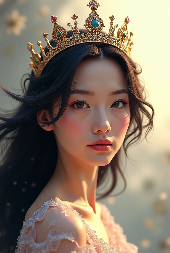 Majestic pink queen woman sitting black hair with a m