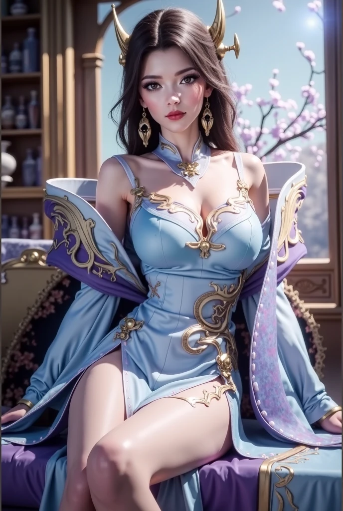 Young woman with big breasts lying on the old sofa,with her mouth open,,Smooth and shiny colored stockings,Lots of filled gemstones and a variety of clutter in the background,iintricate,非常详细,