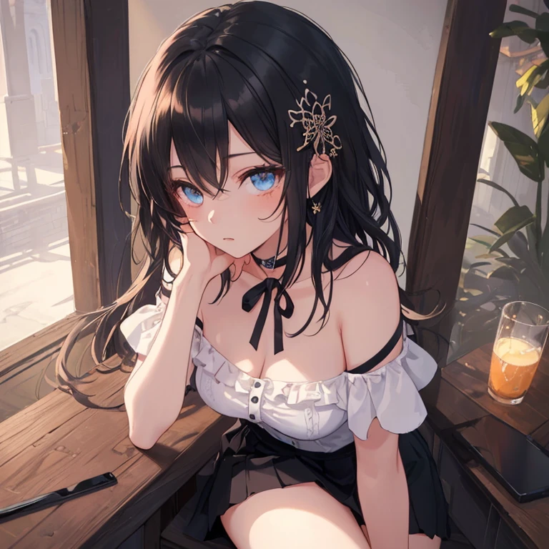 masterpiece, best quality, <lora:mona:1>,1girl, mona (genshin impact), solo, food, sweater, twintails, off-shoulder sweater, pocky, green eyes, looking at viewer, choker, long sleeves, black hair, off shoulder, bare shoulders, hair bow, casual, bangs, eating, bow, alternate costume, long hair, upper body, blush, hair between eyes, holding, hair ribbon, contemporary, sleeves past wrists, food on face, sidelocks, notice lines, collarbone, breasts, brown sweater, bra strap, holding food, cleavage, pocky day, black choker, ribbon <lora:style01:0.7>