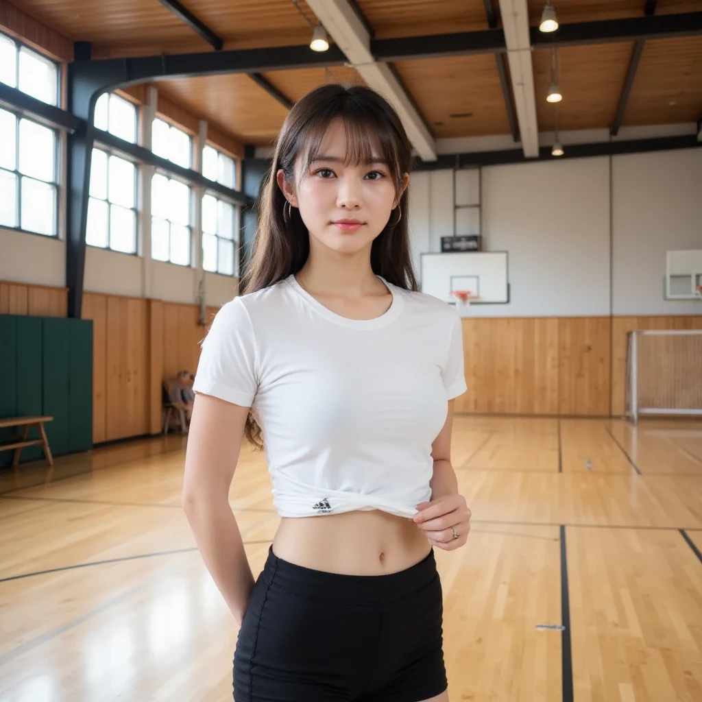 photography of a 20yo woman, perfect face, wear black skirt in sports hall holding badminton shuttlecock
