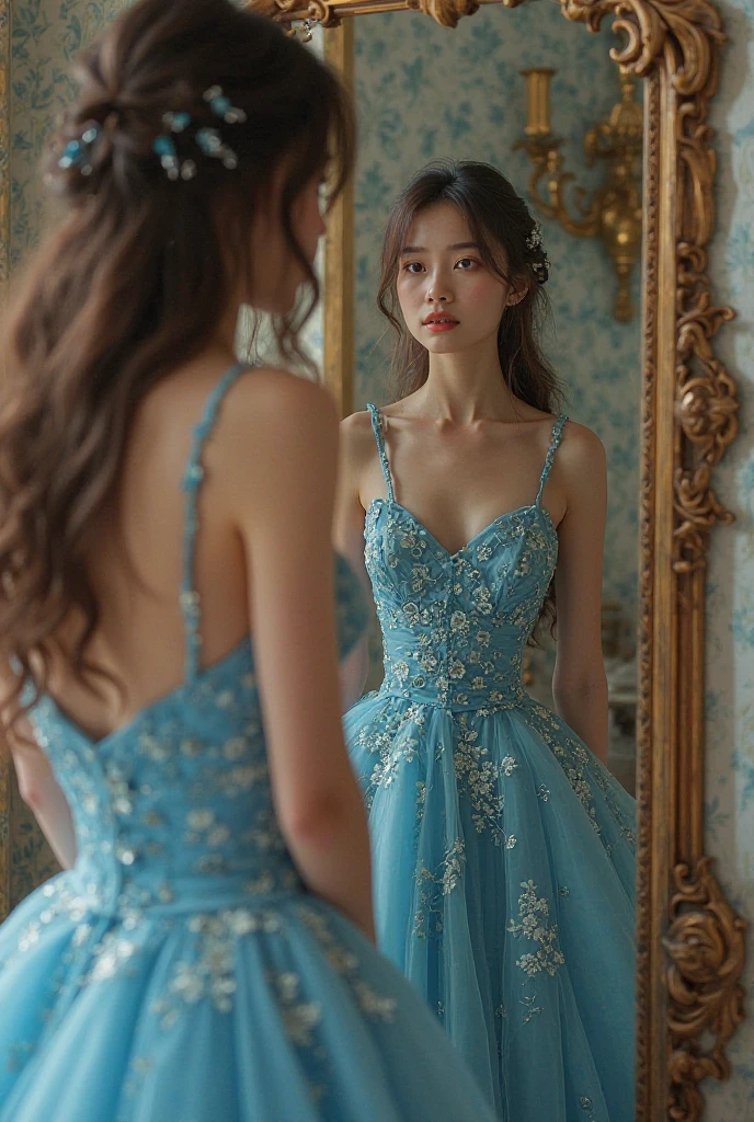 Two elegant lesbian couple girls in beautiful dresses