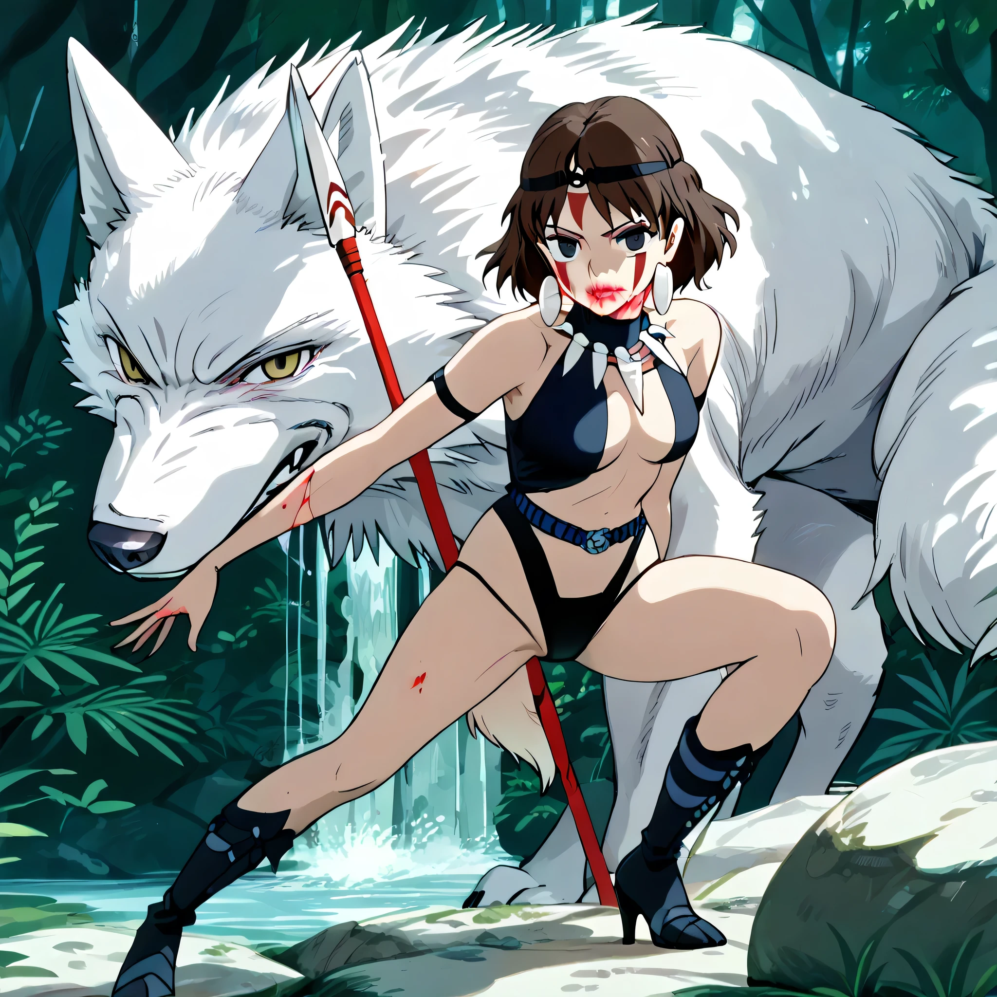(((Masterpiece))), (((Best Quality))), ((Super Detail)), ultra-High resolution, score_9,score_8_up,score_7_up,score_6_up,score_5_up,score_4_up, BREAK, source_anime, anime screencap, uncensored, rating_explicit, Masterpiece, (best shadow), (absurdres), (detailed background), (very aesthetic), shiny, detailed beautiful eyes, outstanding, countershading, detailed soft lighting, an exquisite animation illustration, curvy, dark persona, empty eyes, expressionless, blank eyes, looking at viewer, full body, emotionless, Fighting Stance, horizontal pupils, (((black leotard, clothing cutout))), high heel boots, knee boots, circlet, armlet, bracelet, belt, halterneck, (((solo, 1girl))), hair ornament, seductive pose, submissive pose, medium breast, brown hair, facepaint, headband, earrings, tooth necklace, gray eyes, crystal necklace, pale skin, forest background, rock background, waterfall background, holding spear, spear, (((wolf, wolf background, full body))), blood spaltter, blood on face, blood on clothes,