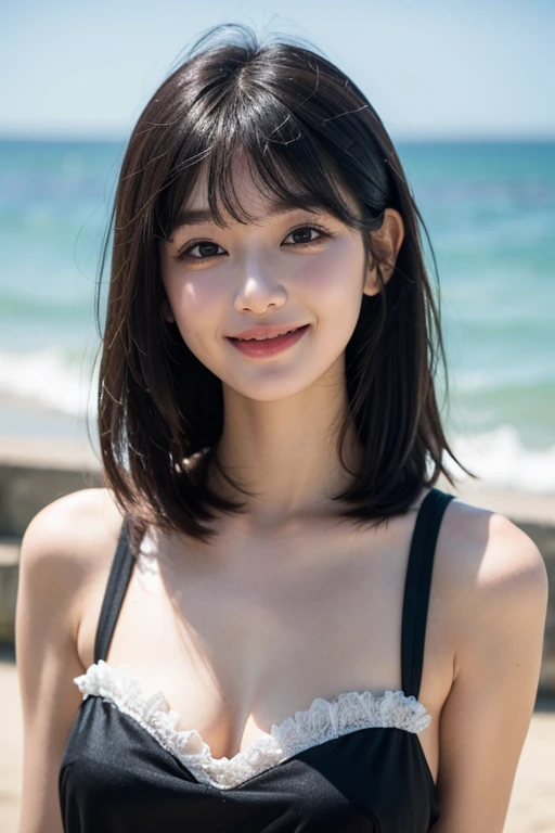 cowboy shot, highest quality, shape, Super detailed, finely, High resolution, 8k wallpaper, 完璧なダイナミックな構shape, cute beautiful girl、、age girl、、tap on the shoulder、beautiful and detailed eyes,small face、neat girl、thin、thin body、thin, naked, natural color lip,beach, cute pose, brown hair、bob cut、bangs、流れるbangs,beautiful big breasts,cleavage,thin体型、 smile,wet body,wet chest, wet hair,((erect nipples 2.0)), front view, armpit, very small booby,slender, flat chest,