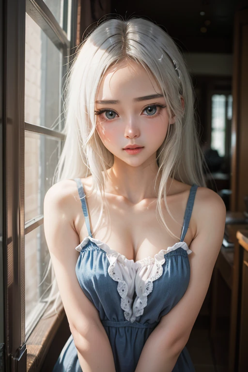 masutepiece, Superb Piece, Daytime, Indoor，sit a chair, Falling flowers, White Dress, 1 girl, A perfect woman, Woman with silver and white long hair, gray blue eyes, pale pink lips, Cold, Serious, Bang, Purple eyes, White clothes, black closing line, Delicate face, Exquisiteface, Standing Bow, tassels, Happiness knot, Smile,open one's legs,I took off my panties.，breasts looking，Remove underwear，Shift underwear，She's undressed，sleeps in a bed,embarassed face,pissing,fullnude, Oral between a man and a woman,