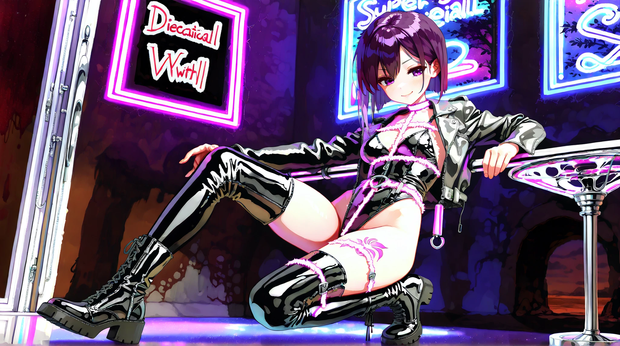 ((Highest quality)),( super high resolution ),(VERY WELL DETAILED),(Detailed Explanation),(( best CG )),(masterpiece),super detailed art,amazing painting art,(Art with Delicate Details:1.5), female, beautiful and well-groomed face, super high leg cut bondage, body tightening belt, neon light tattoo, latex choker , gradient purple hair, low cut leather boots, jacket ,
