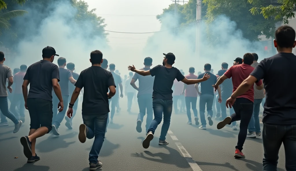 Create a YouTube thumbnail, where students and mobs gather around 9pm beating Bangladeshi Ansar force with sticks, while Ansar force members try to run away.
Details are Belows:
Background: Use a dark, nighttime background to convey the setting at 9 PM. You could use an image of a street or campus at night.
Foreground: Include silhouettes or blurred figures to represent the students and Ansar forces. This can help maintain anonymity and reduce the potential for sensationalism.
Action: Show the motion of the mob with blurred lines to indicate movement. For the Ansar forces, you can depict them with raised hands or in a defensive stance.
Title: Add a bold, large font title, such as "Clash at Night" or "Student Mob vs. Ansar Force."