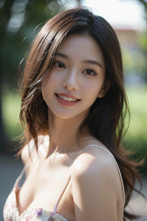 Best quality, masterpiece, ultra high res, (photorealistic:1.4), raw photo, seductive smile, cute, realistic lighting, pink off shoulder, thoughtful, outdoors, long hair, <lora:liuyifei:0.4> <lora:ran:0.2>
