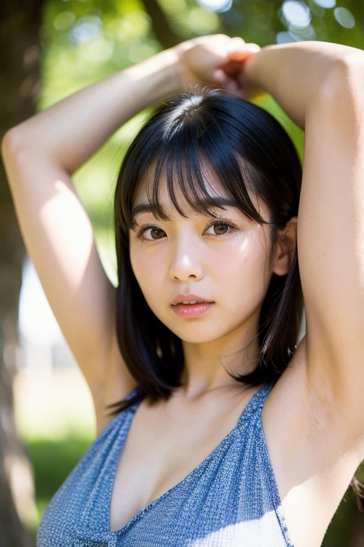 (Highest quality:1.4),(masterpiece:1.4),(Realistic:1.4),(Realistic:1.2),(超High resolution, RAW Photos:1.4),(High resolution, Ultra-detailed:1.2),(8k:1.2),Cinematic photography,a photo of a dark-haired,One girl,alone,wear ,((Japanese female warrior))、((Upper Body:1.3))、Raise your arms to show your sides、((Raise your arms to show your sides))、In the park