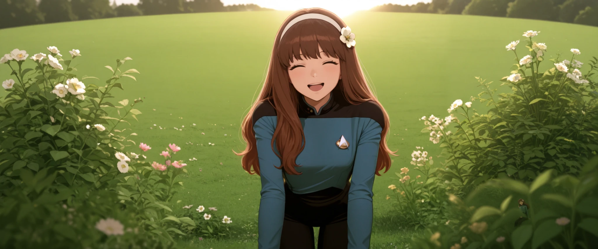 masterpiece,best quality,
,solo,,hairband , brown hair,long hair,bangs,in a garden,flower in hair,green grass,sun,happy, TNG blue uniform,black pants ,