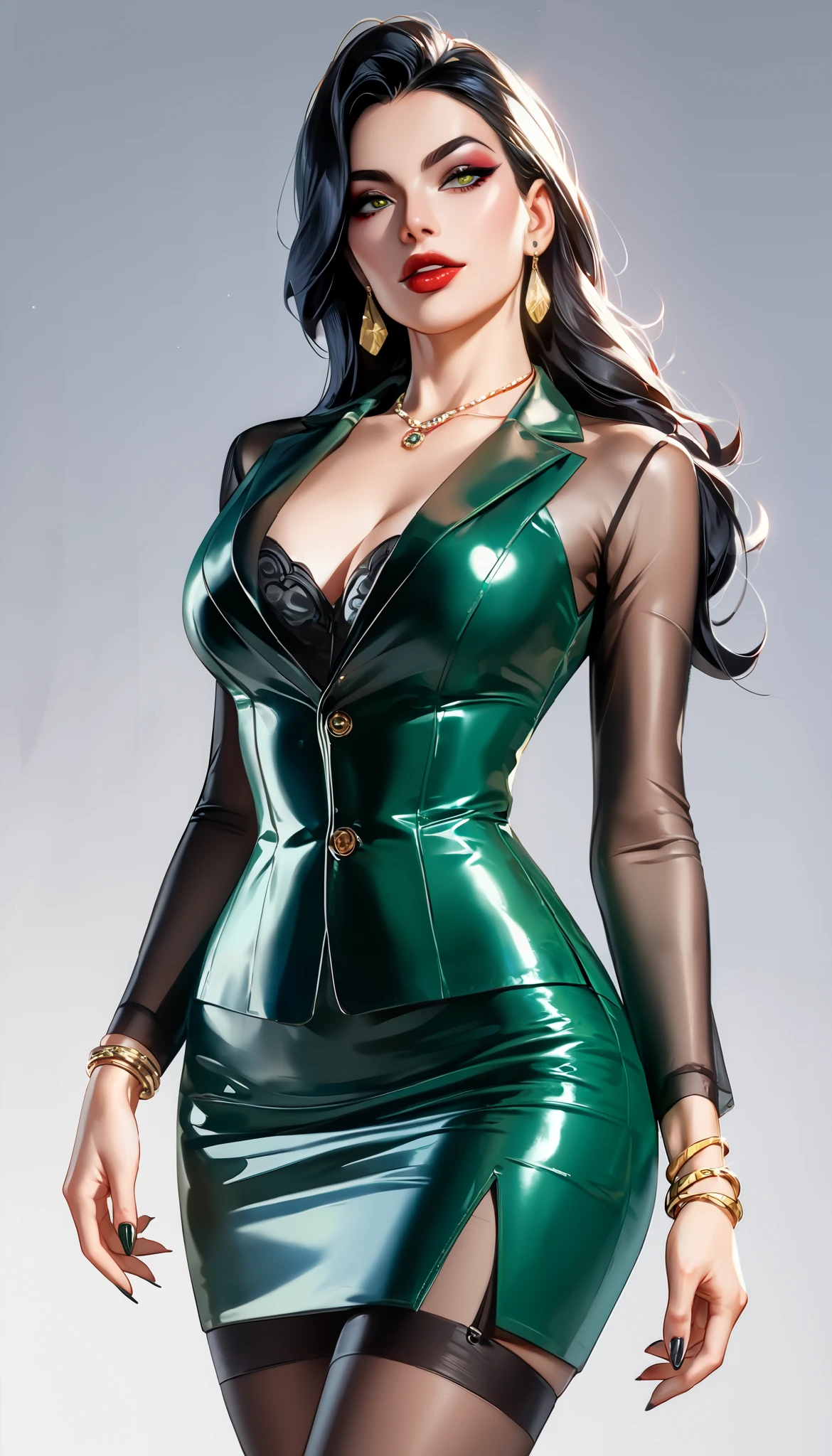 Metallic liquid dark green latex office suit with open chest、bright green skirt, Thick lips、depression、20 years old、woman、 black hair 、 red cheeks 、 dark lips、 long straight white hair、 dark background、chocker, gold bracelet, elegant, sexy, striking, charismatic, seductive look, alluring look, determined look, strong eyeliner, mesmerizing eyes, graceful, perfect make up ,natural beauty, magnetic, charismatic, versatile, photogenic, backlit, round earrings, view from below, UHD, High Quality,