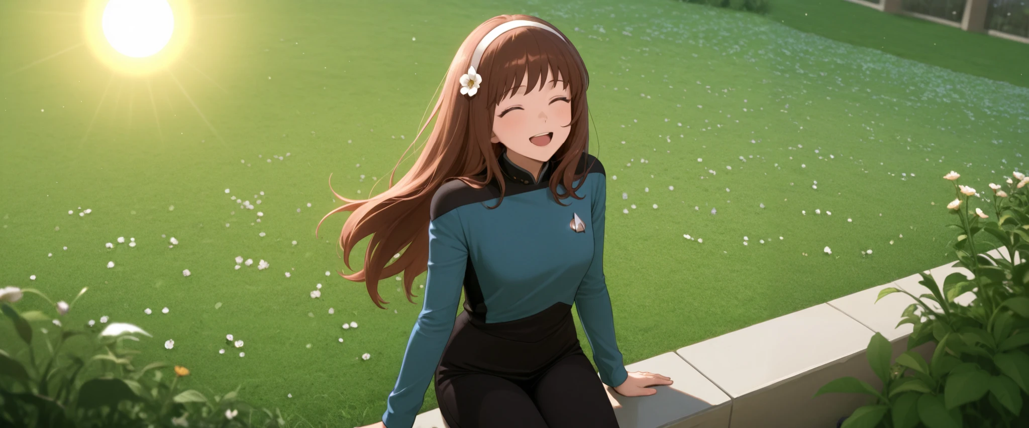 masterpiece,best quality,
,solo,,hairband , brown hair,long hair,bangs,in a garden,flower in hair,green grass,sun,happy, TNG blue uniform,black pants ,