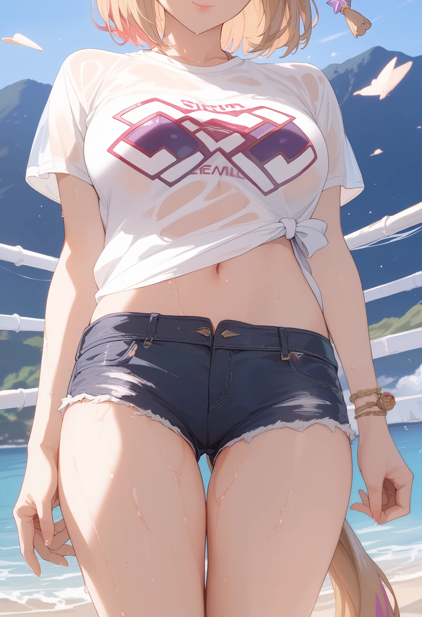 narita, horse tail, short hair, animal ears, ear ornament, ear covers, single ear cover, 1 Girl, solo, anime style,on the ground,BEST QUALITY, super detailed, anime style,8k, high resolution, detailed images,Near the sea,((Face to thigh up image)),((The white t-shirt is wet and the purple bikini is see-through)),(the whole body is wet),((purple micro mini denim shorts)),(( standing),( smiles and smiles),Dyed slightly red on the cheeks,(Near the sea),(Sunshine pours down),((smooth thighs)),((Thigh to face up image)),character up image,front view,(Up image of the character from the front),((An upshot of a character above the thigh)), thigh up image ,Highest quality,best quality,sticks out of the screen, close-up,
