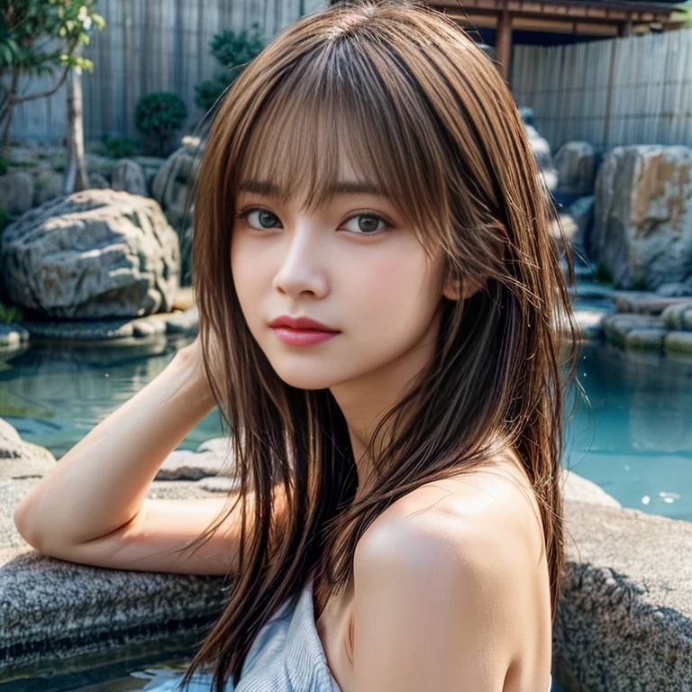 (Masterpiece, BestQuality:1.3), (ultra detailed:1.2), (hyperrealistic:1.3), (RAW photo:1.2),High detail RAW color photo, professional photograph, (Photorealistic:1.4), (realistic:1.4), ,professional lighting, (japanese), beautiful face, (realistic face), cute woman, (Brown Hair:1.5), (Big Breasts:1.2), (cheerful Smile:1.35), Trending Hair&Trending Hairカラーをランダムに, sexly, erotic sexly, Random sexy gravure poses, (Dressed in a white bikini、Beautiful woman winking at the camera with a sexy smile against the backdrop of the blue sea。The bikini is see-through、A gold chain necklace adorns the collarbone。: 1.3)