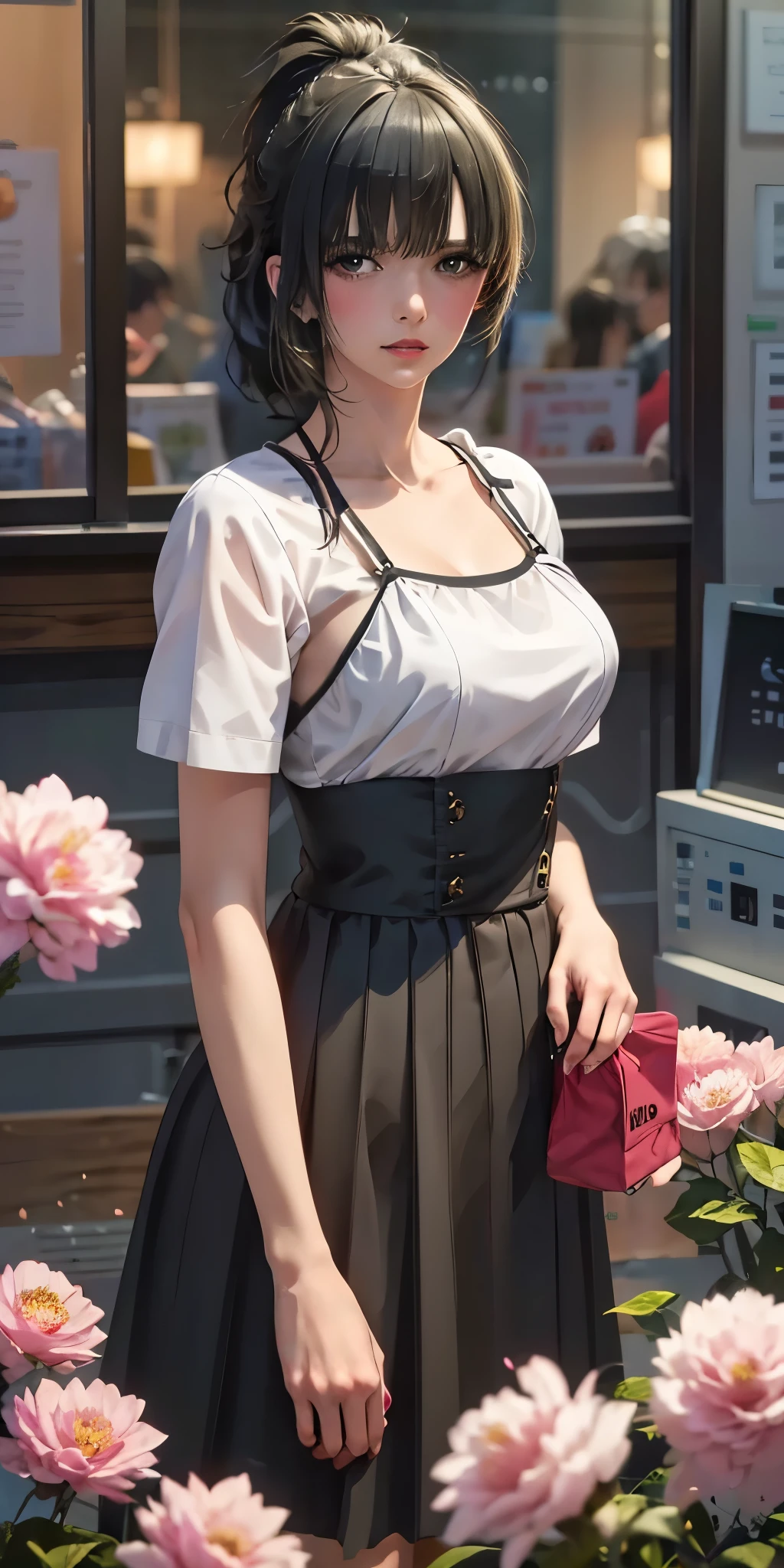 masterpiece, absurdres, yuki yokoya\(kimi wa meido sama\), 1girl, solo,mature female, spaghetti strap top, high waist mini skirt, looking at viewer, (falling petals), perfect composition, detailed lips, big breast, beautiful face, body propotion, blush, (pink lips), ponytail, black eyes, white pupils, soft gaze, super realistic, detailed, photoshoot, realistic face and body,