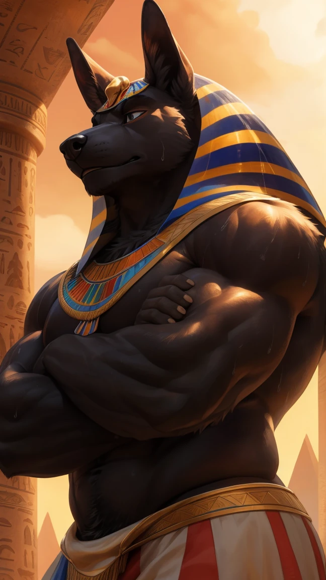 Muscular, male, furry, fluffy, Covered scars, bare chest, hot, (wet: 1.3), abs, wide body, egyptian jewelry, egyptian armor, Looking at viewers, thick beard , (bara pecs: 1.1), anthro jackal, anubis mask, black body, black furr chest, wide body, (big chest: 1.3) , (arms behind back: 1.1), thick thighs, jock strap, (bulge: 1.1), barely visible genitals, detailed genitals outline , intimidating frown expression, gold nipples ring, dark dramatic lighting, desert pyramids, night time, low angle, dutch angle, by hyaku , by darkgem