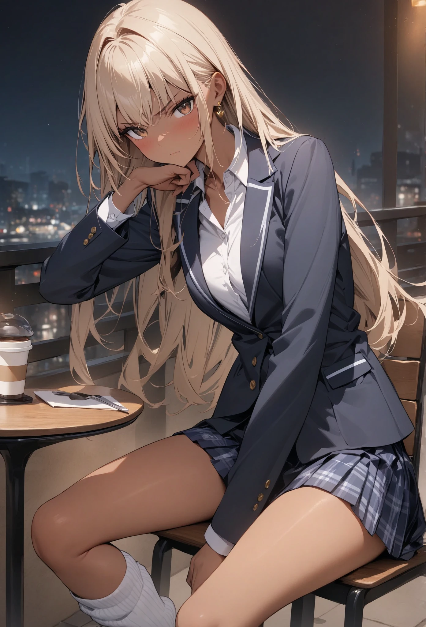 ((Perfect Anatomy:1.2,Realistic:1.3,RAW Photos:1.3,masterpiece、highest quality、Ultra - High resolution、High resolution、Highly detailed CG、8k)),Cowboy Shot. 1 female,alone,18-year-old、high school girl,beautiful girl,Japanese,((Beautiful and graceful face and eyes:1.2,Big beautiful eyes:1.3,)),blonde,Twin tails,(Center parted hair:1.4,amount),Small Head:1.3,(Provocative smile),thin,((Dark brown skin:1.4)),(Oily skin,Glowing Skin,Shiny skin,(school uniform、Dark blue blazer jacket、Checkered pleated mini skirt,White long floppy socks:1.5,Black Loafers),(Show viewers white panties),((Sit with your right knee upright)). The background is a dirty back alley、((dark)),((night))、Tokyo.