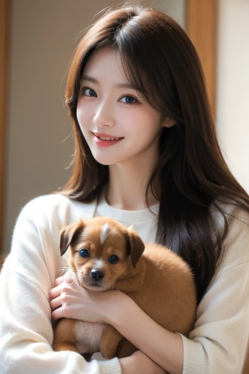 realistic photos of (1 cute Korean star), hair flaps, thin makeup, medium breasts size, slightly smile, sleeveless denim shirt, holding little puppy, clear facial features, high resolution, sharp and realistic details, RAW, 16k, first-person view, Eye-Level Shot, Canon, 135mm, jpeg artifacts, chromatic aberration, UHD, masterpiece, highres, high details