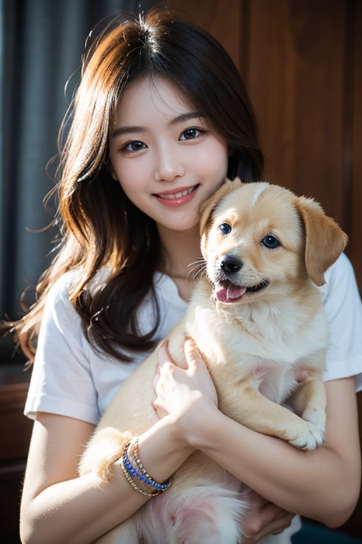 She looks 16 but、She has the cute face of a 20-year-old idol. Gentle and cute Smiling in underwear She is holding a cute miniature dachshund dog to her chest.RAW Photos Genuine Real Stick、realism、Raw photo、Life sofa Do not display copyright