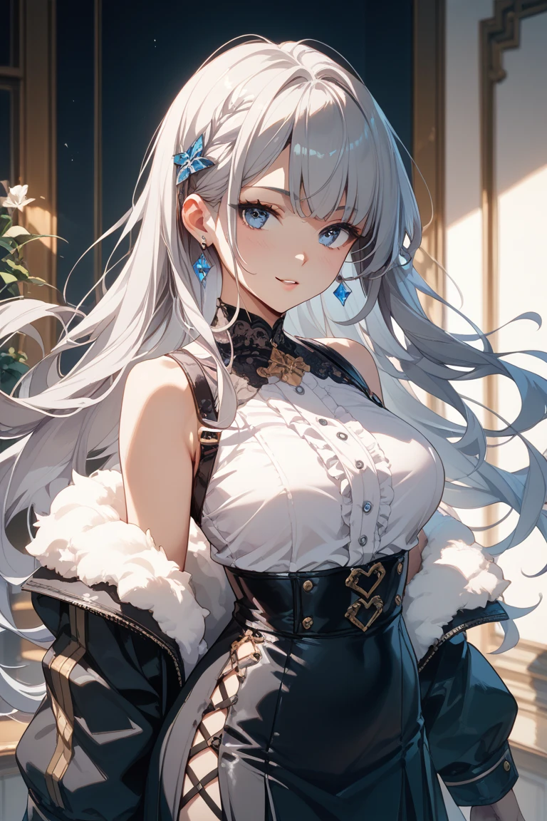 Best Quality,High resolution,8k,(plain white background, no patterns, no textures, just a plain white background:1.3),Masterpiece:1.2),beautiful girl,(focus face),Glossy romance gray hair,messy hair,Beautiful grey eyes,Cute Chinese dress,Gentle look,A refreshing look,smile,Best quality,Best Quality,Aesthetic and aesthetic:1.2,Best details((Super detailed))(High-definition CG illustrations),Slender body,smile,blush,cute,Scrounge,Looking up,Being spoiled,super model