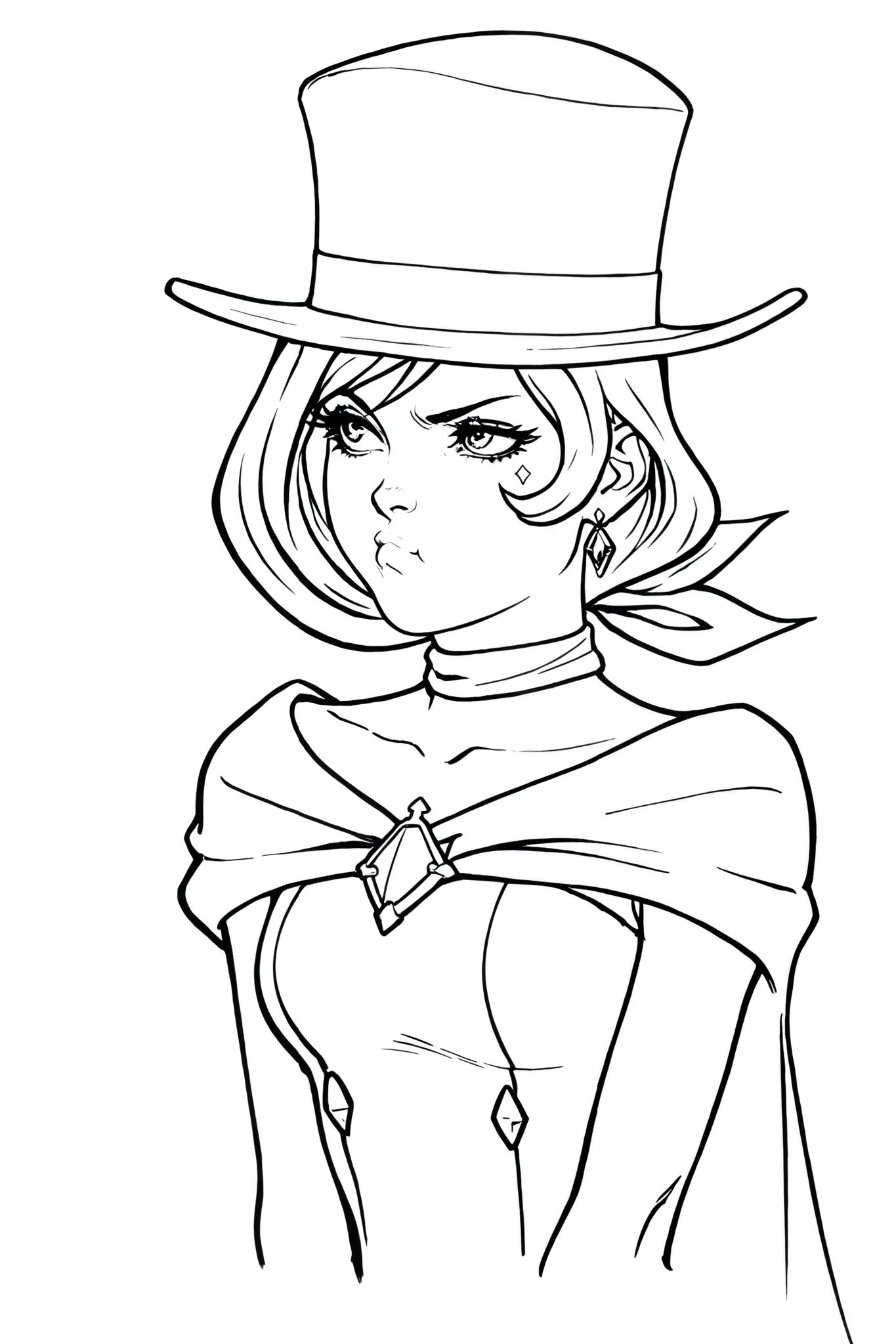monochrome, greyscale, Line art, lineart, Timbrook, HDR, 8K, high contrast, masterpiece, best quality, amazing quality, very aesthetic, anime artstyle, realistic, newest,
BREAK
monochrome, greyscale, Line art, lineart, Timbrook
BREAK
1girl, beauty mark under one eye , pout , large eyelashes, medium breasts , portrait , torso shot , Trucy wright, top hat, dress, cape, white gloves, scarf,
