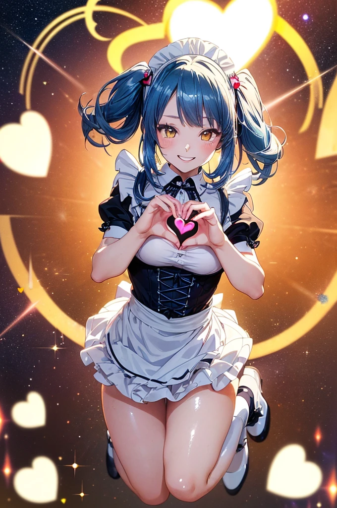 (masterpiece, top quality, very aesthetic, 4k、illustration), intricate detail, 1woman,、solo,contrapposto 、,(cowboy shot)、(heart shaped pupils),Cute、fan service、heart hands、happy smile、Random Hairstyle、Random Hair Color、,middle hair,sidelock ,Random Color eyes、idol clothes、small breasts、Slim 、