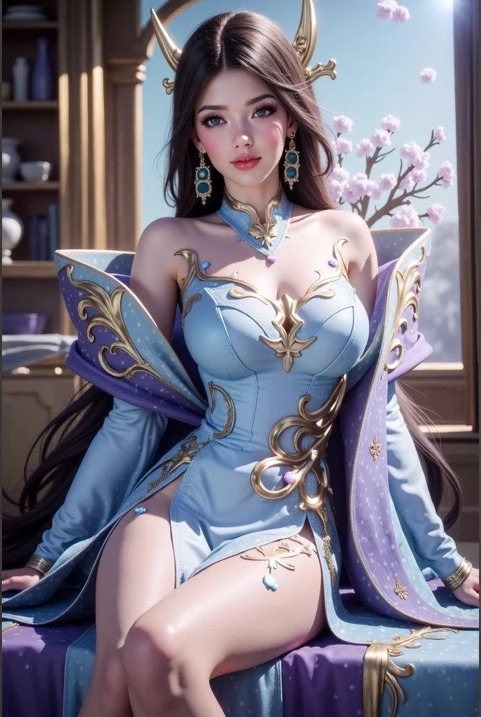 arafed woman in a blue dress sitting on a bench, a beautiful fantasy empress, full body xianxia, ((a beautiful fantasy empress)), beautiful alluring anime woman, trending on cgstation, by Yang J, beautiful sorceress, beautiful celestial mage, inspired by Lan Ying, xianxia fantasy, xianxia, beautiful and elegant elf queen