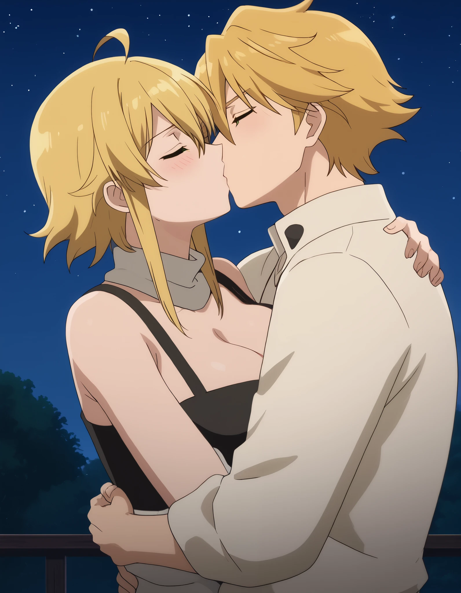 leone, anime screencap, large breasts, cleavage, looking at arthur, kissing arthur, looking at arthur, closed eyes, deep kiss, cowboy shot, closed mouth, night sky, hug from behind
, arthur_pendragon_fate, blonde hair, green eyes, short hair, ahoge, hair between eyes, bangs, male and female, couple hugging, male and female, hug from behind, hug, sex from behind,