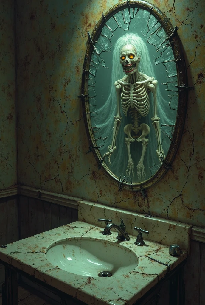 A terrifying, dark girl's room with a mirror , skeleton inside a bathtub