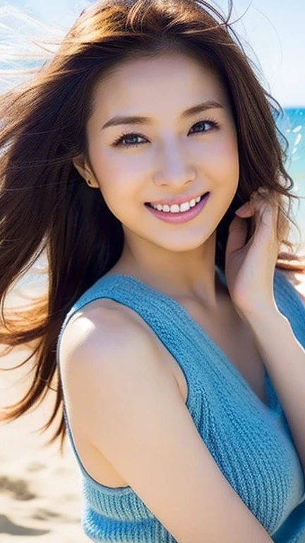 ((masterpiece、High resolution、High resolution、、whole body))1 high school girl、smile、Brown Hair、Long Hair、Clear Eyes、Thick lips、Blue swimsuit、Navel exposed、Beautiful breasts、Sexy pose、slim、thin、sunlight、Ocean🌊、Sandy Beach、Palm tree🌴