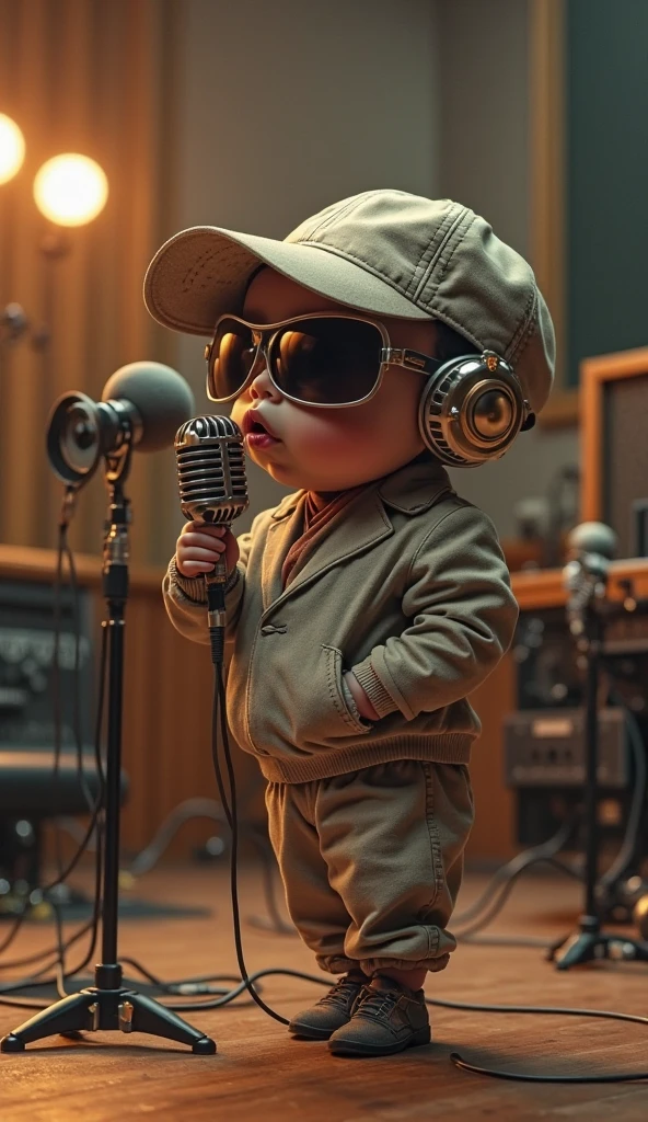 tchibi,full bodyesbian,cat,(Holding a microphone), Wearing sunglasses, in orange clothes, Singing, Jump up, Wearing a hat,Stage, lighting, Spotlights