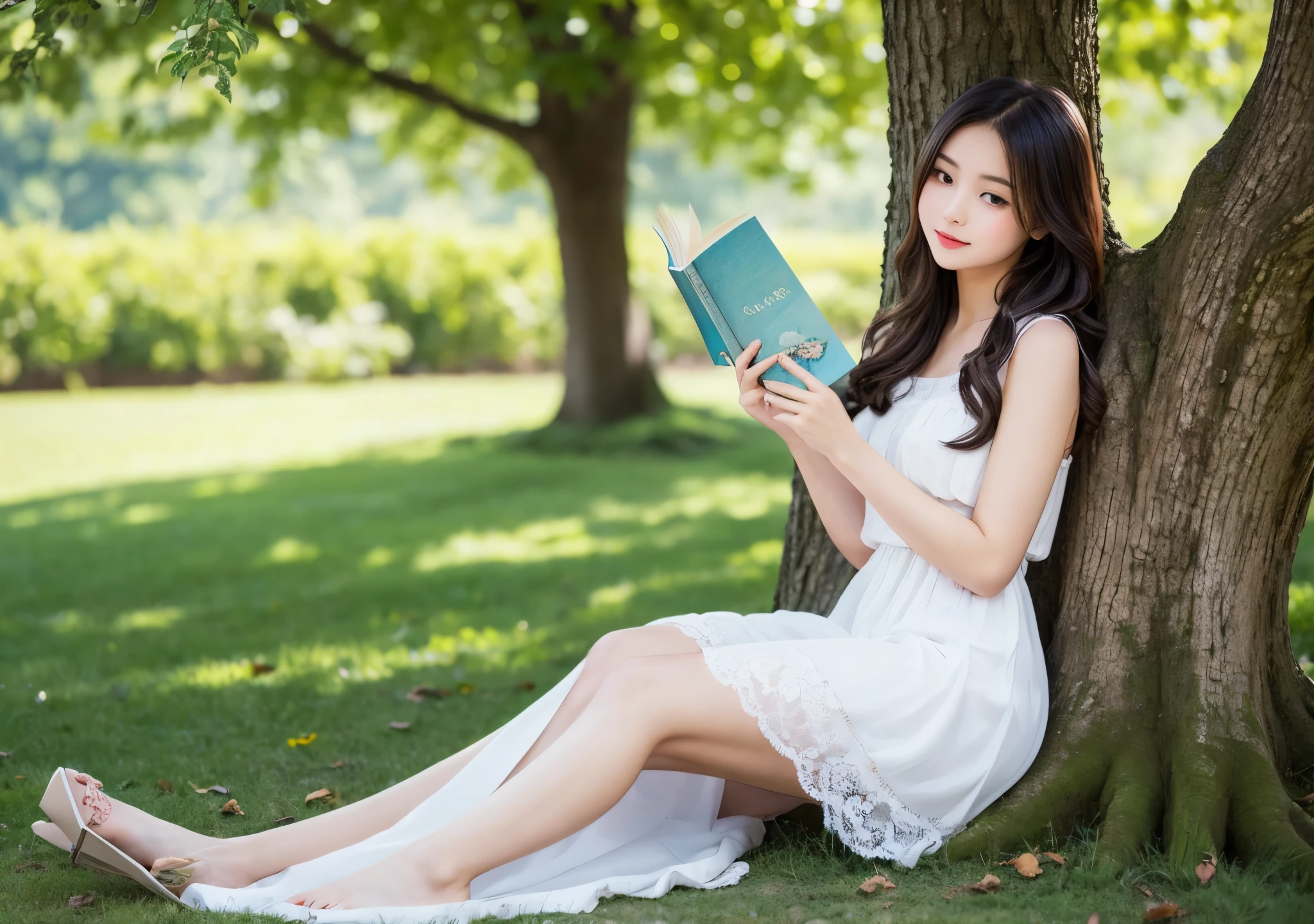 style symmetric , girl perfect, reading book in the park, front frontal view, face european causian, poster style epic, fullbody, wearing transparent summer cloth dress tight