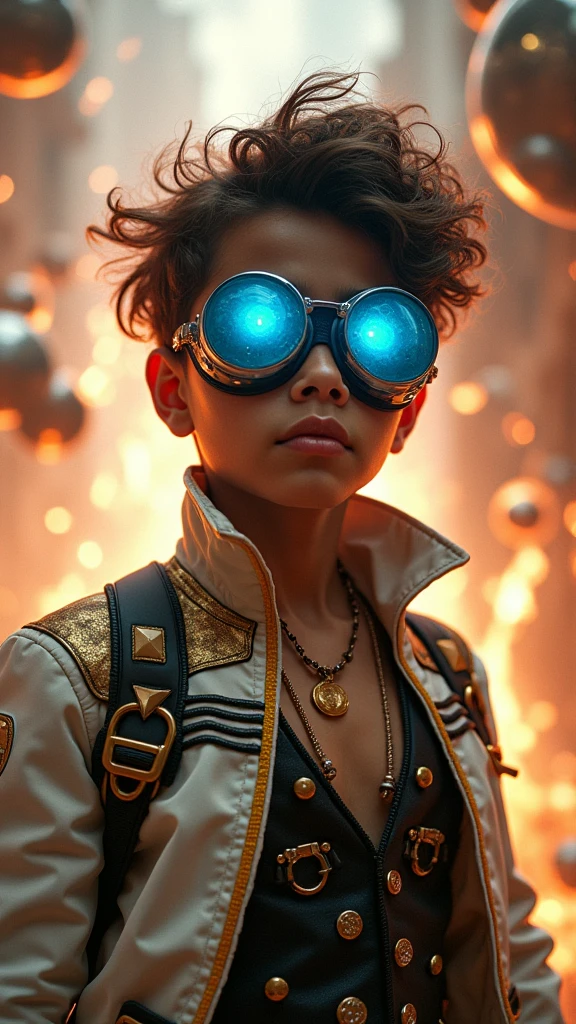 Perm boy wearing a plague mask in a steampunk world