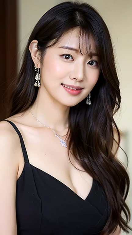 1 girl, national foundation, (hotel background), ((32k, raw, masterpiece: 1.5)), (Professional photography, sharp:1.2), Perfect dynamic composition, (Natural sun light), (soft shadow), (Perfect body:1.4), (((skinny figure))), ((huge round breasts: 1.3)), (((((black long straight hair))))), Ultra-detailed faces and skin, perfect asian, White skin, (Delicate skin:1.4), (latex skin:0.4), (perfect glowing skin:0.6), light brown eyes, beautiful eyes, round eyes, pretty face, blush, glossy lips, glossy eyes, Perfectly proportioned face, Really moist skin, Refined expression, (((huge smile at the camera))), looking at camera, Refined expression, Elegant necklace, Elegant earrings, minimalist, ((((blue gown))))