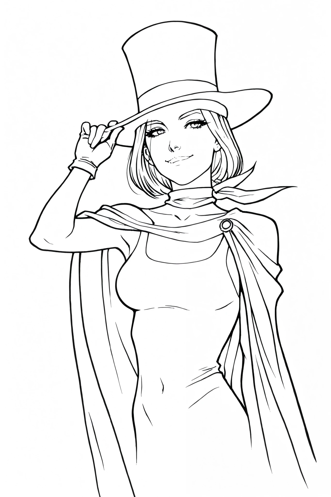 monochrome, greyscale, Line art, lineart, Timbrook, HDR, 8K, high contrast, masterpiece, best quality, amazing quality, very aesthetic, anime artstyle, realistic, newest, 
BREAK
monochrome, greyscale, Line art, lineart, Timbrook
BREAK
1girl, wide smile, large eyelashes, medium breasts , portrait , torso shot , Trucy wright, top hat, dress, cape, white gloves, scarf, hand on hat