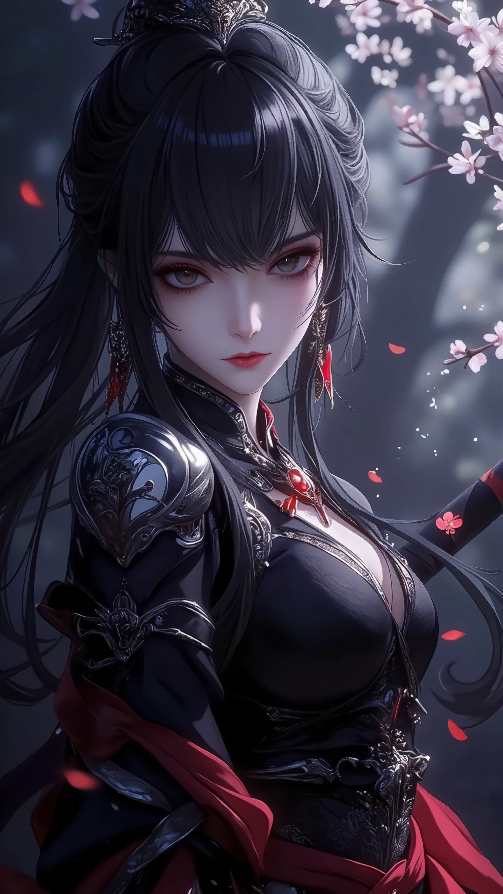 half body shot of woman, 1face, portrait, immortal, immortal cultivators, face, head,beautiful gray black hair, sword eyebrows, crimson eyes, casting spell on worlds