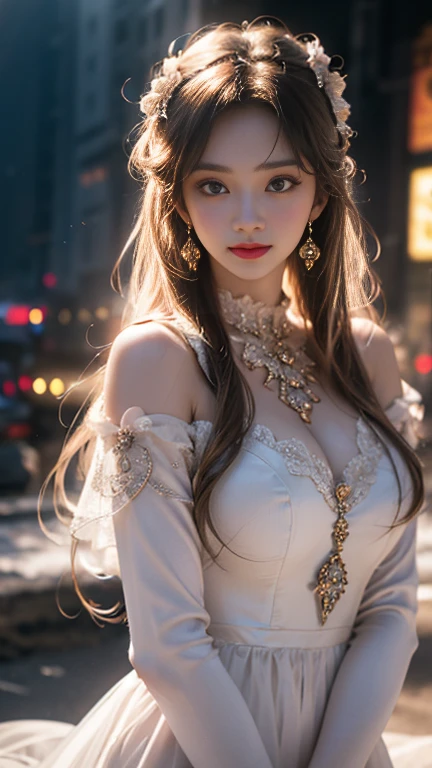 a beautiful young girl with large, expressive eyes, delicate facial features, and fluffy chestnut hair posing confidently while wearing a Spy x Family Yol Forger costume, the image captured as a high-quality, realistic SLR photograph with exceptional detail, vivid colors, and perfect balance, showcasing the girl's striking beauty and the intricate costume design, the lighting and composition drawing the viewer's attention to the subject's captivating gaze.