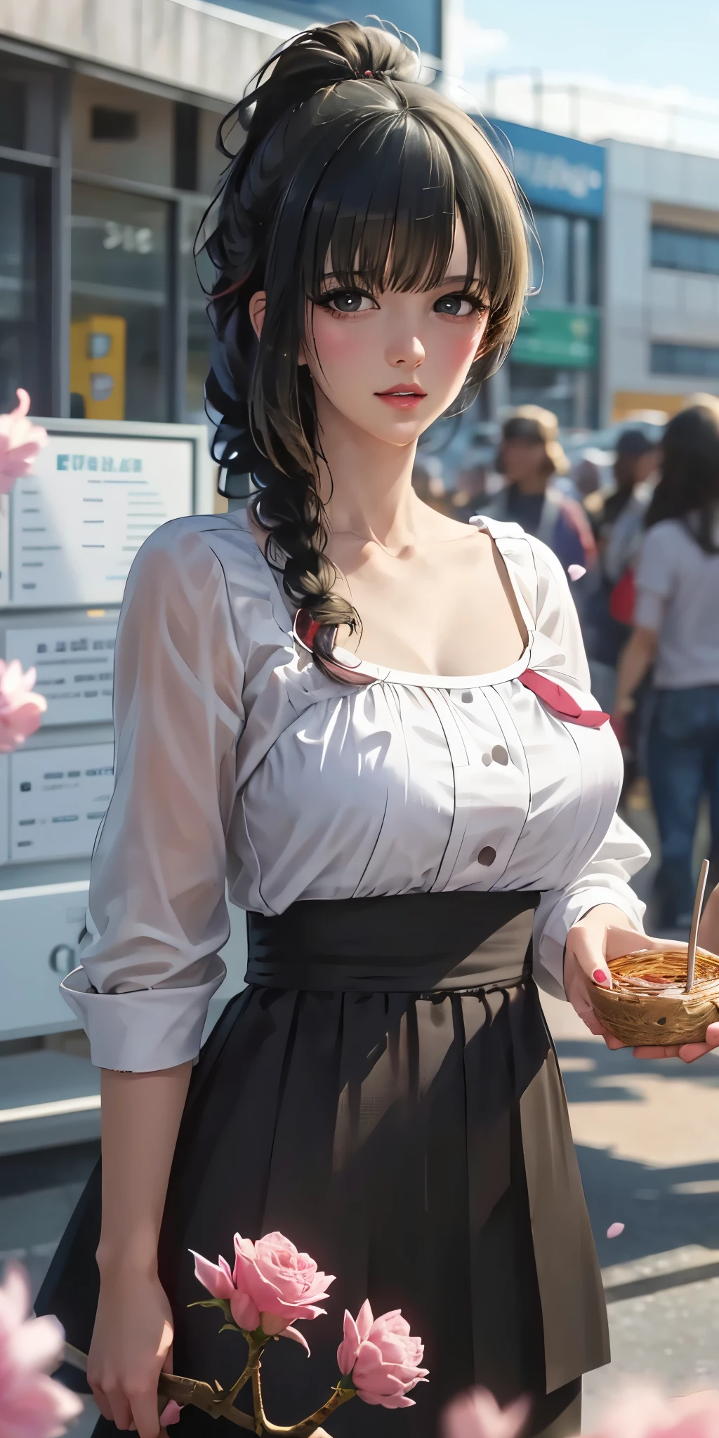 masterpiece, absurdres, yuki yokoya\(kimi wa meido sama\), 1girl, solo,mature female, spaghetti strap top, high waist mini skirt, looking at viewer, (falling petals), perfect composition, detailed lips, big breast, beautiful face, body propotion, blush, (pink lips), ponytail,  black eyes, white pupils, soft gaze, super realistic, detailed, photoshoot, realistic face and body,