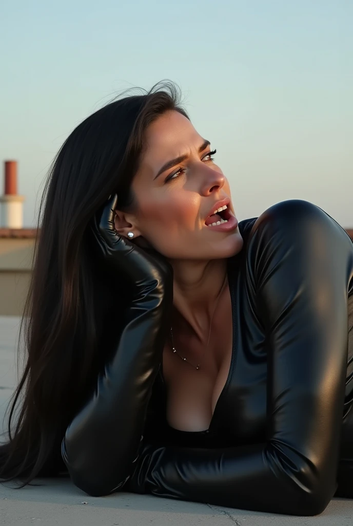 Give me a Latina woman dressed in leather from neck to toe while holding her leather jacket and ripping her leather jacket in half angrily with her hands while screaming on her knees but the clothing is alive and won’t come off.